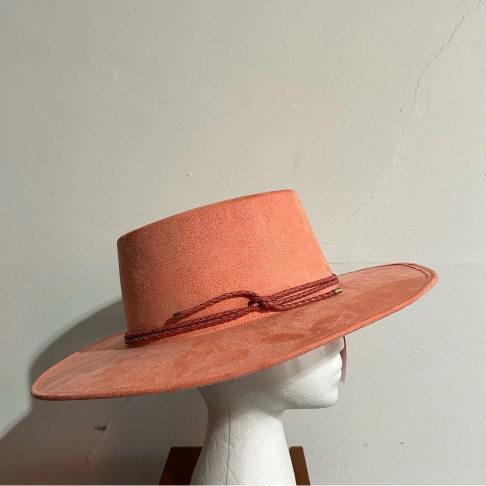 Anthropologie ASN Watermelon Sugar Pink Vegan Suede Boater Hat - Picture 1 of 11
